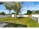 Backyard featuring a lush lawn, mature tree, storage shed, and a privacy fence at 3929 Cochise Ter, Sarasota, FL 34233