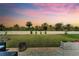 Expansive backyard featuring lush lawn, privacy fence, and palm trees at sunset at 5043 White Chicory Dr, Apollo Beach, FL 33572