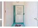 Close-up view of the white front door with turquoise trim, providing a secure and welcoming entry at 603 Royal Crest Dr, Brandon, FL 33511