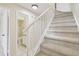 Carpeted staircase with white railing leading to the upper level of the home at 9473 N Forest Hills Pl, Tampa, FL 33612