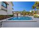 Community pool features clear water, a tiled border, and views of palm trees and building exteriors at 101 Marina Del Rey Ct, Clearwater, FL 33767