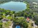 Overhead view showcases the home's proximity to the lake, surrounded by lush greenery and adjacent properties at 1019 Lakeside Dr, Seffner, FL 33584