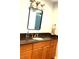 Bathroom vanity featuring wooden cabinets, dark countertops, and a decorative mirror, exuding classic style and functionality at 10775 Glen Ellen Dr, Tampa, FL 33624