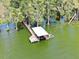 View of the property's dock with boat lift and nearby green trees viewed from an aerial perspective at 11921 Fort King Hwy, Thonotosassa, FL 33592