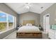 Bright bedroom featuring a vaulted ceiling, neutral walls, large window, and wood-trimmed accents at 1271 Drew St, Clearwater, FL 33755