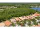 Aerial view of neighborhood homes backing up to wooded area and community lake at 14634 Mirasol Manor Ct, Tampa, FL 33626