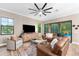 Comfortable living room with ceiling fan, a slider to the pool, and elegant furnishings at 1570 Marinella Dr, Palm Harbor, FL 34683