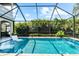Bright and sunny screened pool area featuring a chaise lounge and lush tropical landscaping at 1570 Marinella Dr, Palm Harbor, FL 34683