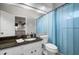 Bathroom featuring a granite countertop, white cabinets, and a blue shower curtain at 2903 Manor Ridge Pl, Valrico, FL 33596