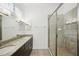 Well-lit bathroom features a double vanity with granite counters and a large, tiled walk-in shower at 307 S Arrawana Ave # 100, Tampa, FL 33609