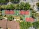 Aerial view of three tennis courts, surrounded by lush trees and landscaping at 10511 Waterview Ct # 10511, Tampa, FL 33615