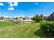 Backyard with lush green lawn and pond view at 1246 Ocean Reef Rd, Wesley Chapel, FL 33544
