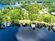 Overhead image displays lakefront properties with private docks, showcasing waterfront living at 16603 Hutchison Rd, Odessa, FL 33556