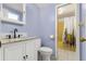 Blue bathroom featuring a white vanity, marble countertops, and a walk-in shower at 2646 61St N Ave, St Petersburg, FL 33714