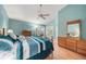 This bedroom features vaulted ceilings, a ceiling fan and light blue walls at 423 Fan Palm Ne Ct, St Petersburg, FL 33703