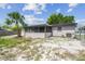 View of the fenced backyard with a screened-in patio and a mature palm tree at 4608 Deltona Blvd, Spring Hill, FL 34606