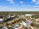 Aerial view displays the property, pool, yard, neighborhood and surrounding green space under a partly cloudy sky at 1020 38Th N Ave, St Petersburg, FL 33704