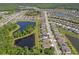 Panoramic aerial view of a residential area with ponds, lush greenery, and well-maintained homes at 18428 Malinche Loop, Spring Hill, FL 34610