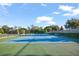 Well-maintained community tennis court with blue playing surface, surrounded by trees and fencing at 18428 Malinche Loop, Spring Hill, FL 34610