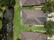 An aerial view of a home's roof, adjacent to a pond and green grass with some trees at 19137 Lake Audubon Dr, Tampa, FL 33647