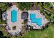 An overhead view of a community pool featuring two pools, lounge seating, and lush tropical landscaping at 19137 Lake Audubon Dr, Tampa, FL 33647