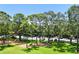 View of the parking lot, mature trees, and green lawn from the property at 36750 Us 19 N # 15309, Palm Harbor, FL 34684