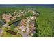 An aerial shot captures a home situated on a street near a pond surrounded by trees, offering nature views at 4012 Wellington Pkwy, Palm Harbor, FL 34685