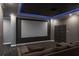 Enjoy movie nights in this cozy home theater featuring a large screen and ambient blue lighting at 4012 Wellington Pkwy, Palm Harbor, FL 34685