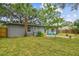 A spacious backyard features lush green grass, tropical landscaping, and a cozy patio area with colorful chairs at 4324 S Clark Ave, Tampa, FL 33611