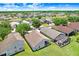 A beautiful aerial view of a neighborhood showcases neatly kept lawns and waterfront homes with screened patios at 4921 Wessex Way, Land O Lakes, FL 34638