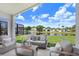 Covered patio with outdoor seating area overlooking scenic water views at 4921 Wessex Way, Land O Lakes, FL 34639