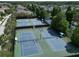 Aerial view of community tennis courts surrounded by mature trees and adjacent to a scenic pond at 10219 Millport Dr, Tampa, FL 33626