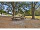 Two picnic tables sit on a bed of leaves under the shade of mature trees at 1521 Brittany Ct, New Port Richey, FL 34655