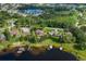 Stunning aerial view of the lakefront property with lush greenery and private dock at 1834 Daiquiri Ln, Lutz, FL 33549