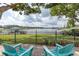 Waterfront backyard boasts two Adirondack chairs, a lush lawn, and a peaceful lake vista at 1834 Daiquiri Ln, Lutz, FL 33549
