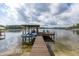 Wooden dock with boat lift and seating provides easy access to the tranquil lake at 1834 Daiquiri Ln, Lutz, FL 33549