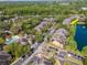 Overhead view highlights a home near a pool and tranquil pond within a beautifully maintained community at 2173 Tuscany Trce # 8, Palm Harbor, FL 34683