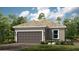 New construction shows a one-story home with a two-car garage, minimal landscaping, and neutral colors at 4286 Cairoli Ct, Wesley Chapel, FL 33543