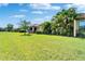Expansive backyard with lush green grass, tropical palm trees, and well-maintained landscaping at 5646 Sunset Falls Dr, Apollo Beach, FL 33572