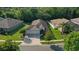 An aerial view of a lovely home showcasing its manicured lawn and serene neighborhood setting at 6555 Sparkling Way, Wesley Chapel, FL 33545
