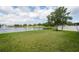 Expansive backyard with lush lawn, mature tree, and serene lake views at 10811 Lakeside Vista Dr, Riverview, FL 33569
