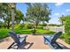 Relaxing backyard with Adirondack chairs, a fire pit, and a lush lawn surrounded by trees and a white fence at 13028 Prestwick Dr, Riverview, FL 33579