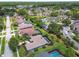 An aerial view of a neighborhood showcasing multiple homes and a community pool area at 14170 Fennsbury Dr, Tampa, FL 33624
