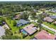 Aerial view featuring homes in a residential area with lush trees, landscaping, and screened-in pools at 14170 Fennsbury Dr, Tampa, FL 33624