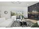Modern living room with a fireplace, stylish furniture, and a view to the backyard at 14170 Fennsbury Dr, Tampa, FL 33624