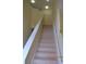 Carpeted staircase with white railing leads to the upper level, enhancing the aesthetic appeal and home accessibility at 20420 Carolina Cherry Ct, Tampa, FL 33647