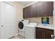 Well-organized laundry room with dark cabinets, front-load washer and dryer, wash basin, and door to the rest of the home at 6154 Marsh Trail Dr, Odessa, FL 33556