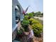 Charming front yard with flowering bushes, potted plants, and American flag decor at 6318 Ridge Crest Dr, Port Richey, FL 34668