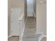 Carpeted stairway with a white handrail and white door at 7013 Early Gold Ln, Riverview, FL 33578