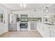 Modern kitchen equipped with stainless steel appliances, bright white cabinets, and modern hardware and backsplash at 7991 54Th N St, Pinellas Park, FL 33781